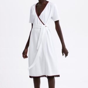 Zara White wrap dress with Red Trim